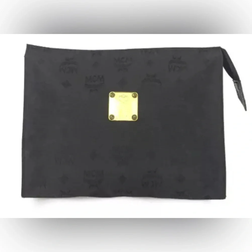 Authentic MCM Logo Visetos Canvas Clutch Bag Black